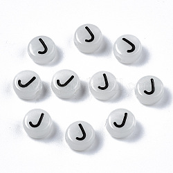 Acryl-Perlen, mit Emaille und leuchtend, horizontales Loch, flach rund mit schwarzem Buchstaben, Leuchten im Dunkeln, lichtgrau, letter.j, 7x3.5 mm, Bohrung: 1.5 mm, ca. 3600~3700 Stk. / 500 g
