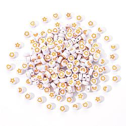 Perles acryliques opaques blanches, plat rond avec coeur & fleur & lune & étoile, verge d'or, 7x4mm, Trou: 1.6mm, 200 pièces / kit