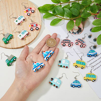 8 пара 8-х видов серег с подвесками из смолы в форме автомобиля с железными булавками EJEW-AB00044-1