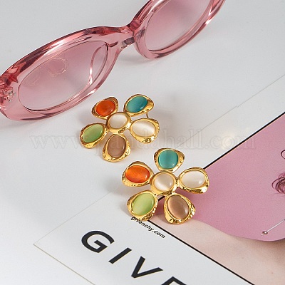 Серьги-гвоздики из нержавеющей стали 304 с кошачьим глазом EJEW-Z101-01G-1