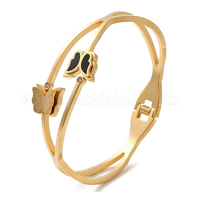 Браслеты-зажимы с эмалью из нержавеющей стали 304 с вакуумным покрытием в виде бабочки для женщин BJEW-F474-31G-1