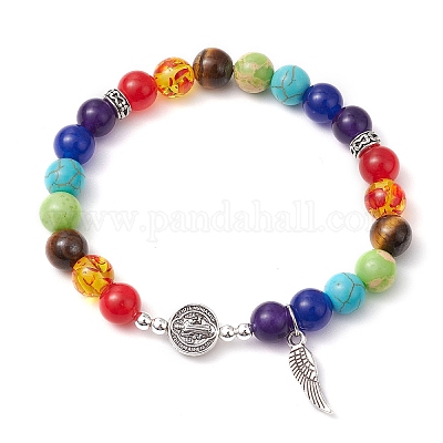 Эластичные браслеты из бисера и натуральных и синтетических драгоценных камней на тему чакры BJEW-JB11283-1