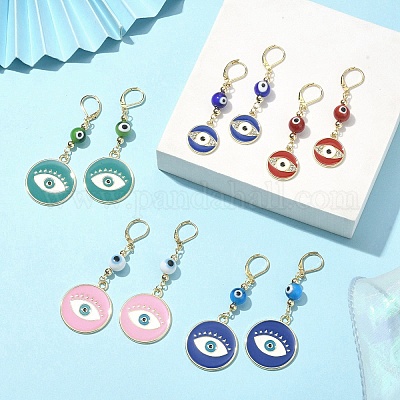 Плоские круглые серьги с подвесками из легированной эмали и латунными булавками EJEW-JE05383-1