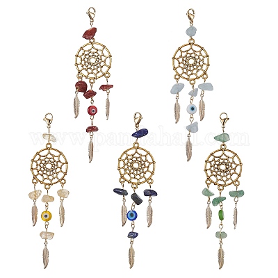 Тканая сетка/паутина с подвеской из перьев из латуни и сплава HJEW-JM01157-1