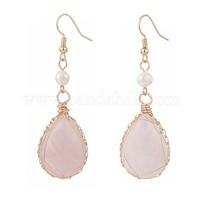 Wholesale Natural Rose Quartz Teardrop Dangle Earrings with