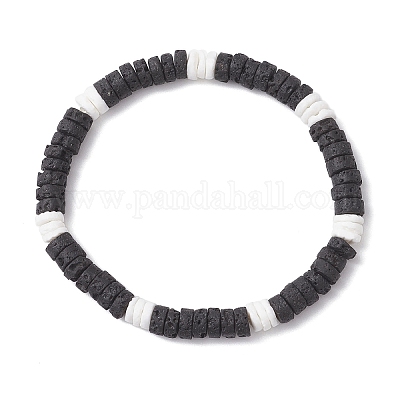 Браслеты из плоских круглых бусин из натуральной лавы и белых ракушек для женщин BJEW-JB12462-02-1