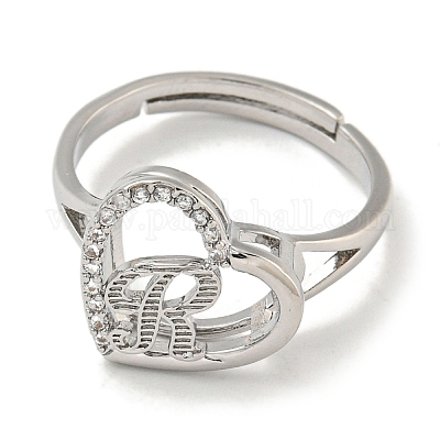 Сердце с буквой стойка покрытие латунь микро паве кубический цирконий регулируемые кольца для женщин RJEW-I105-06P-R-1