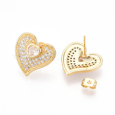 Серьги-гвоздики из латуни в форме сердца с прозрачным фианитом и паве EJEW-M258-32G-1