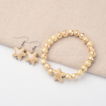 Mano perlati stelle marine perle di porcellana allungare bracciali e orecchini ciondola set di gioielli SJEW-E061-02-1