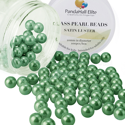10ミリメートル約100個のガラスパールビーズ緑色の小さなサテンの光沢のあるラウンドビーズジュエリーのための10つのボックスに  グリーン  0.7~1.1mm  穴：100mm  約[1]個/箱 HY-PH0001-10mm-074-1