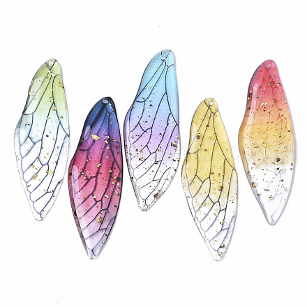 透明なエポキシ樹脂の大きなペンダント  金箔  昆虫の羽  ミックスカラー  51x16.5x1~2.5mm  穴：1.2mm RESI-T046-01-1