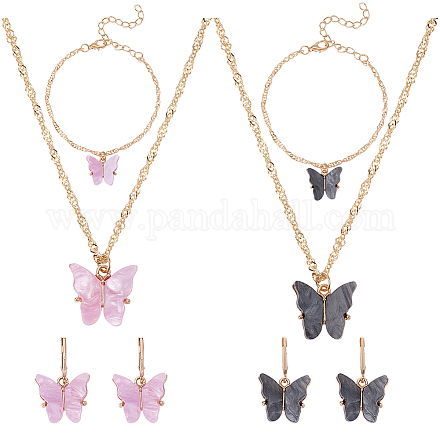 Anattasoul collier pendentif papillon en plastique et bracelet et boucles d'oreilles à levier SJEW-AN0001-33-1