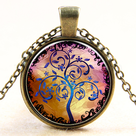 Tree Of Life Pattern Flat Round Glass Pendant Necklaces NJEW-N0051-048L-01-1