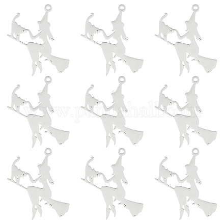 SUNNYCLUE 1 Box 10Pcs Stainless Steel Halloween Charms Witch Charm Wizard Hat Charms Laser Cut Magic Fairy Flying Broom Charm Broomstick Cat Charms for Jewelry Making Charm Earrings DIY Supplies STAS-SC0005-14-1