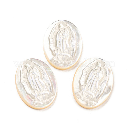宗教 天然貝殻 カボション  聖母マリアが刻まれた楕円形  ホワイト  19x14.5x2.8~3mm SHEL-D079-21-1