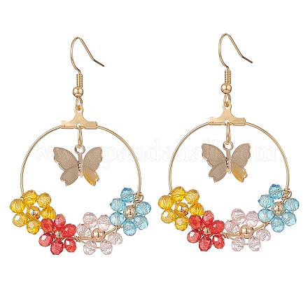 Glass Beaded Flower & Brass Butterfly Dangle Earrings EJEW-JE05218-02-1