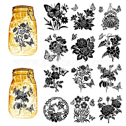 CREATCABIN 12Pcs Butterfly Silhouettes Mason Jar Decor Flowers Lantern Laser Cutouts Ornaments Scrapbook Embellishment for Frosted Glass Wall Windows Cars DIY Crafts Xmas Black 3.9x3.5Inch(No Sticker) DIY-WH0505-003-1