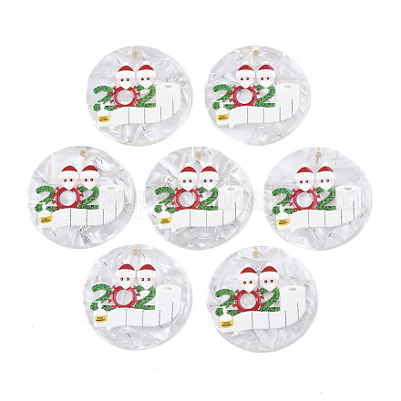 セルロースアセテート（樹脂）ペンダント  3dプリント  クリスマステーマ  父のクリスマスとフラットラウンド  ホワイトスモーク  35x2.5mm  穴：1.8mm X-KY-S163-018-1