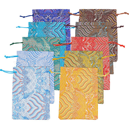 Nbeads 10 個 10 色中国風錦巾着ギフト祝福袋  ウェディングパーティーのキャンディ包装用のジュエリー収納ポーチ  波模様の長方形  ミックスカラー  18x13x0.08cm  1pc /カラー ABAG-NB0001-87-1