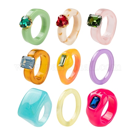 9pcs 9 anillos de dedo de resina de estilo RJEW-LS0001-07-1