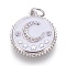 Brass Micro Pave Cubic Zirconia Pendants, with Enamel, Flat Round with Moon and Star, Platinum, White, 18x16.5x2mm, Hole: 3.5mm