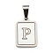 304 Stainless Steel Pave Natural White Shell Pendants, Rectangle with Letter Charms, Stainless Steel Color, Letter P, 17.5x12x1.5mm, Hole: 6x3mm