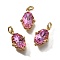 Brass Charms, Oval, with Glass & Loop, Long-Lasting, Lead Free & Cadmium Free, Real 18K Gold Plated, Faceted, Orchid, 13.5x8.5x4.5mm, Hole: 2mm