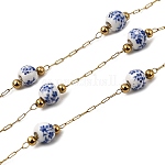 Круглые цепочки из фарфора с бусинами ручной работы из нержавеющей стали 304 с цветочным узором, пайки, с цепями и катушкой из нержавеющей стали 316, ионное покрытие (ip), реальный 18k позолоченный, голубой, бусины : 10x6~7 мм