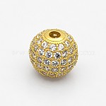 CZ Brass Micro Pave Grade AAA Clear Color Cubic Zirconia Round Beads, Cadmium Free & Nickel Free & Lead Free, Golden, 8mm, Hole: 1.7mm