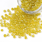 Perles de rocaille en verre rondes, couleurs transparentes arc, ronde, jaune, 3mm, Trou: 1mm, environ environ 1102 pcs / 50 g