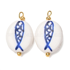 Colgantes hechos a mano de la porcelana, con fornituras de latón, porcelana azul y blanca, ovalado con dijes de peces, azul real, real 18k chapado en oro, 26x15x6mm, agujero: 3 mm