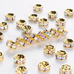 Grado de latón un Diamante de imitación entrepieza de abalorios, oro chapado, rerondana plana, sin níquel, crystal ab, 4x2mm, agujero: 0.8 mm