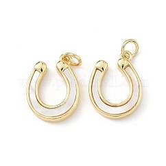 Pendenti in conchiglia bianca naturale con pavé in ottone, ciondoli a ferro di cavallo con anelli di congiunzione, vero placcato oro 18k, piombo & cadimo libero, placcato di lunga durata, placcatura cremagliera, colore conchiglia, 17.5x13x2.5mm, Foro: 3.2 mm