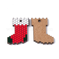 プリントバスウッドペンダント  クリスマスの靴下  バックランダムカラー  レッド  22x17x2mm  穴：1.5mm&nbsp;WOOD-S045-048