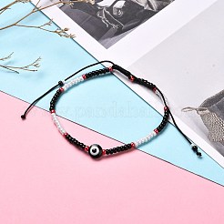 調節可能な丸いガラスシードビーズブレスレット  樹脂ビーズで  ナザールボンジュウ付きフラットラウンド  ミックスカラー  内径：2-1/8インチ（5.5~9.5cm）  2個/セット&nbsp;BJEW-JB06644