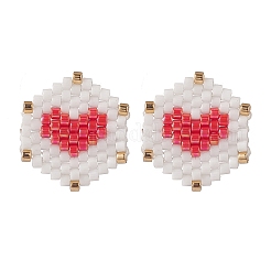 3 paio di esagoni intrecciati con semi di vetro a 3 colori e orecchini a bottone a cuore&nbsp;EJEW-MZ00009