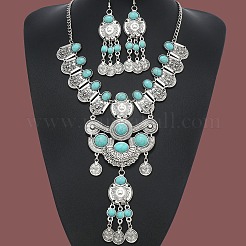 Комплекты из колье и серег с подвесками из сплава с плоскими круглыми кисточками и синтетической бирюзы FS-WG5CFCA-02