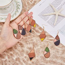 4 пара двухцветных сережек-капель и ромбов из натурального дерева&nbsp;EJEW-FI0001-46