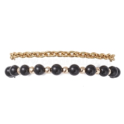 Pulseras de cuentas redondas de obsidiana natural y hematita sintética de 2 estilos y cadenas de cable de acero inoxidable 304 para mujer.&nbsp;BJEW-JB12800-02
