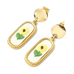 304ステンレススチールと布刺繍のスタッドピアス  花柄とオーバル  真鍮製耳スタッドパーツ付き  ゴールドカラー  44.5x15mm&nbsp;EJEW-JE07298-01