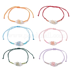 調節可能なナイロンコード編みビーズブレスレット6個  女性用アクリルフラワービーズブレスレット  ガラスシードビーズで  ミックスカラー  内径：2-3/8~3-3/8インチ（6~8.5cm）&nbsp;BJEW-MZ00170