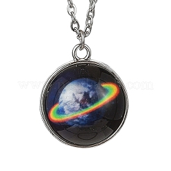 304ステンレススチールガラス宇宙ペンダントネックレス  ステンレス鋼色  ミッドナイトブルー  19.69インチ（50cm）&nbsp;NJEW-JN05192-02