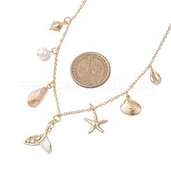 Летние пляжные латунные ожерелья из прозрачных кубических цирконий и ракушечных жемчужин и спиральных ракушек NJEW-TA00182