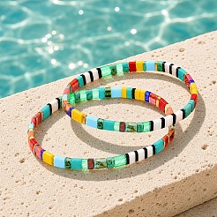 Set di braccialetti elasticizzati da donna con perline rettangolari in vetro e ematite sintetica non magnetica.&nbsp;VR2839