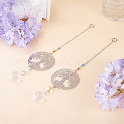 2 attrape-soleil suspendu en acier inoxydable 201 en forme d'arbre de vie et verre cristal arc-en-ciel&nbsp;HJEW-TA00446