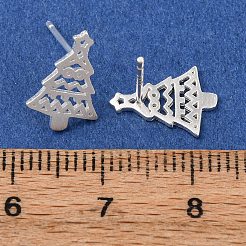 925 полые серьги-гвоздики в форме рождественской елки из стерлингового серебра&nbsp;EJEW-F397-01S