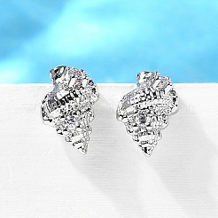 Серьги-гвоздики из латуни в форме раковины с микропаве из кубического циркония&nbsp;EJEW-D304-32P