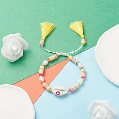 Браслет из натуральной ракушки с дурным глазом и жемчужными бусинами BJEW-TA00049-01