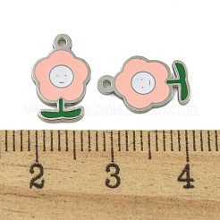 304ステンレススチールチャーム  エナメル  笑顔のチャーム付きフラワー  ステンレス鋼色  ピンク  13x8x1mm  穴：1mm&nbsp;STAS-L022-435P-01