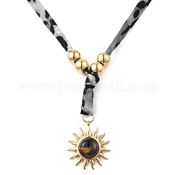Женские ожерелья из полиэстерового шнура с леопардовым принтом из нержавеющей стали 304 с подвеской в виде солнца из натурального тигрового глаза NJEW-A063-06G